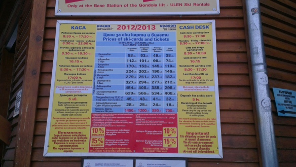 Цените на лифт картите на Банско, за ски сезон 2012/2013. Снимка: Бистра Величкова